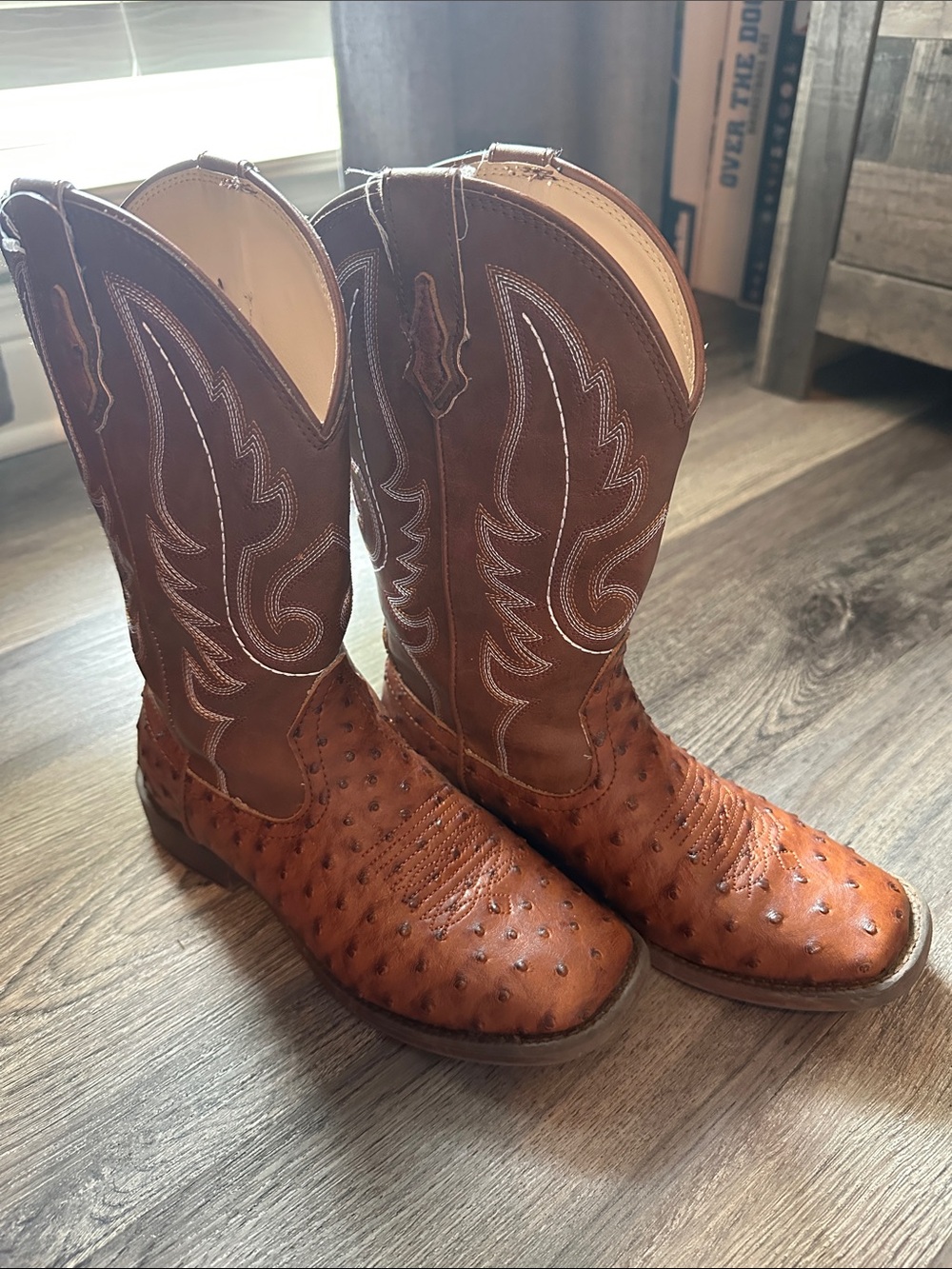 Boys Roper Brown Ostrich Leather Western Boots